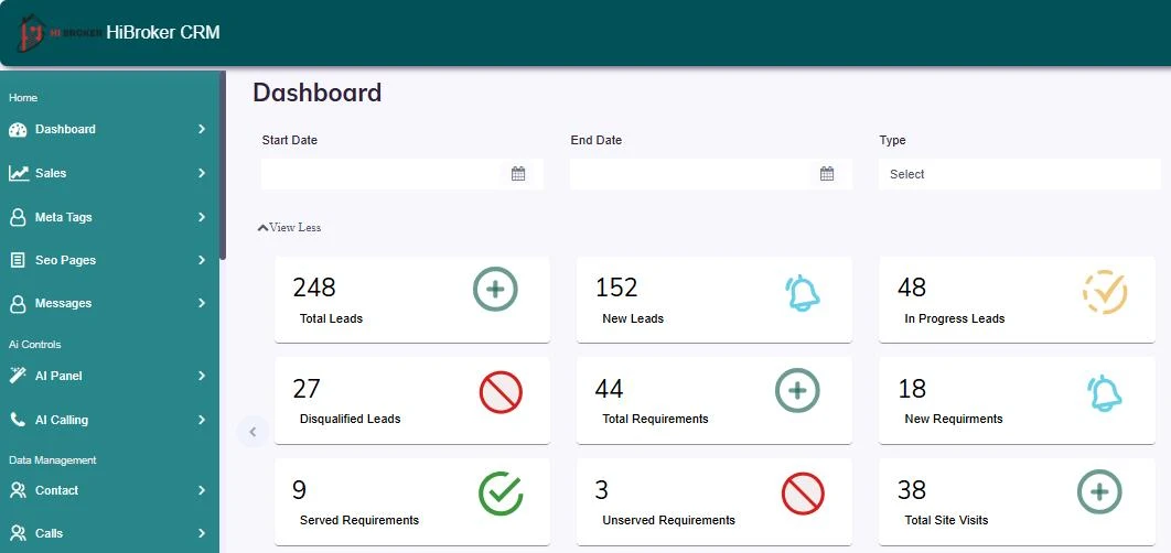HiBroker CRM dashboard with lead, requirement and site visit counts